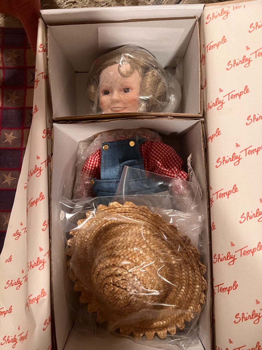 Vintage Shirley Temple Rebecca Sunnybrook Red Gingham Denim Overalls Straw Hat
